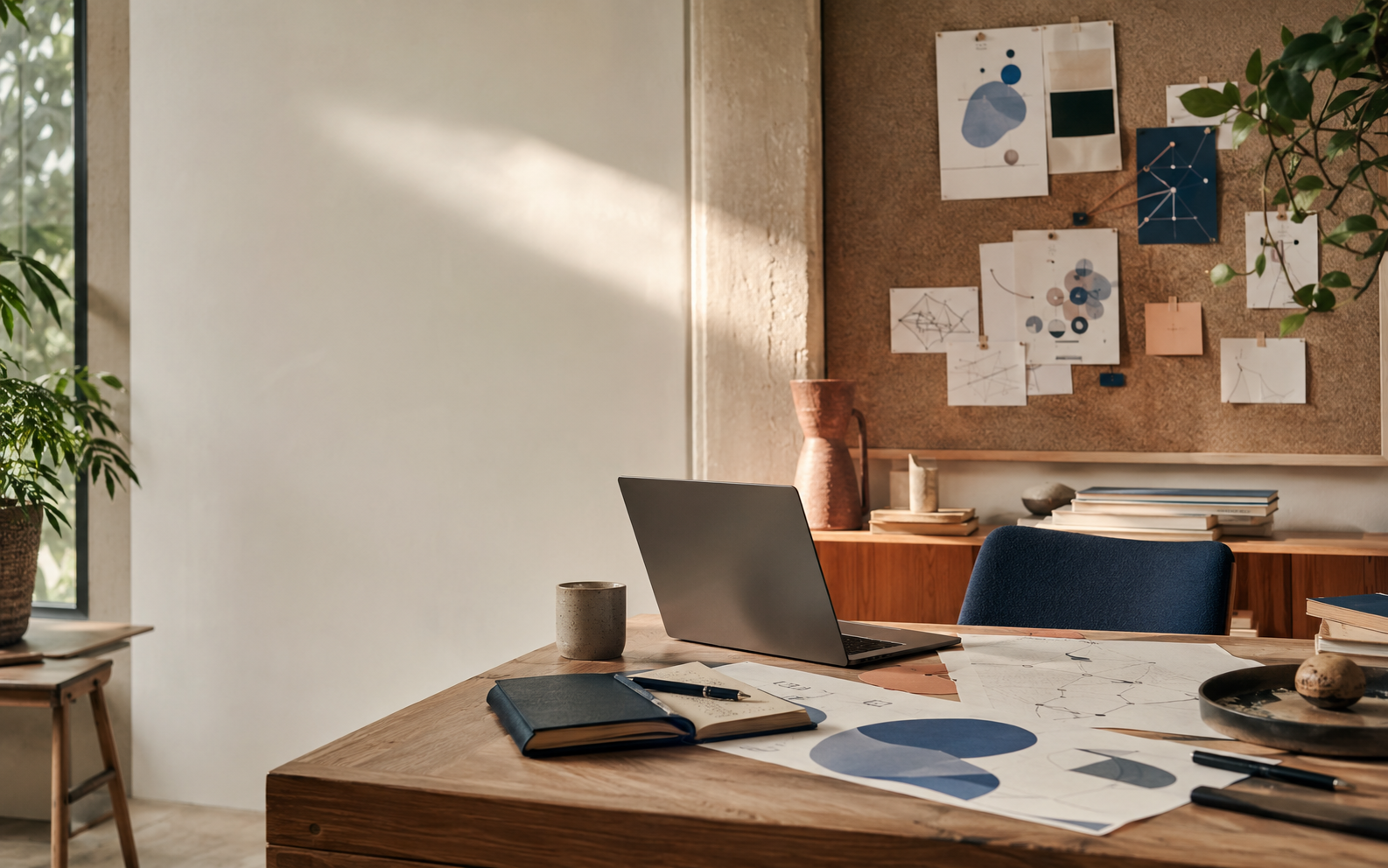 Mesa e painel de trabalho da IAmazing, com luz natural e materiais de estratégia